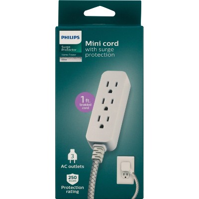 Philips 3-Outlet Surge Protector with 1 Ft. Extension Cord, Gray and White: Short Cord