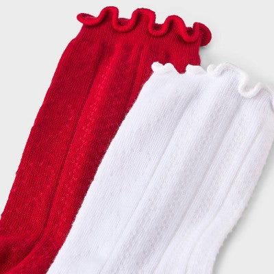Girls' 2pk Ruffle Trim Pointelle Crew Socks  Red/White M