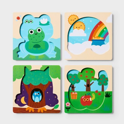Chunky Puzzles - Gigglescape: Wooden Puzzle Sets for Toddlers, 4 Animal Themes, Educational Toys for Kids