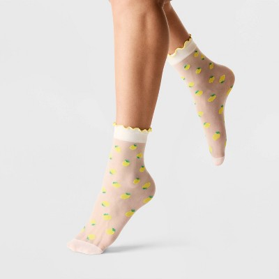 Women's Cherries and Lemons Sheer 2pk Anklet Socks - A New Day Black/White 4-10: Lightweight Knit, Banded Cuff