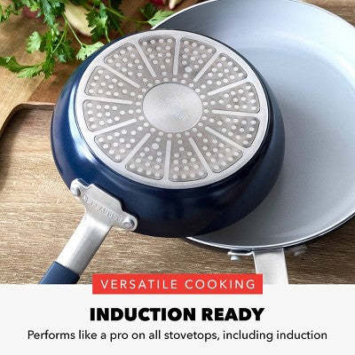 Bobby Flay 2pk (8" and 10") Ceramic Nonstick Aluminum Fry Pan Set Oxford Blue: Lifetime Warranty, Dishwasher-Safe Cookware