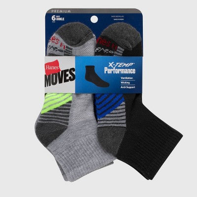 Hanes Premium Boys' 6pk Ankle Athletic Socks - Colors May Vary L