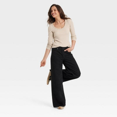 Women's Long Sleeve Rib Scoop Neck T-Shirt XS