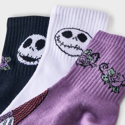 Women's Nightmare Before Christmas 3pk Mid Crew Socks - Black/White/Purple 4-10