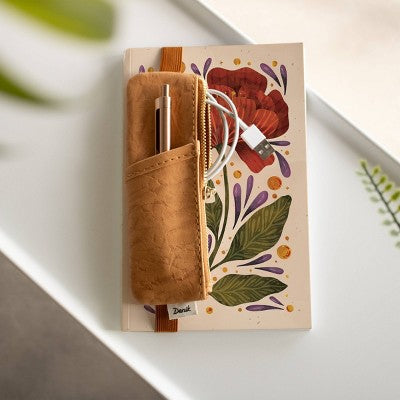 Denik 240pg Blank Notebook 8.25"x5.75" Burgundy Bloom with Carmel Crinkle Pouch: Lay-Flat Journal for Teens & Adults