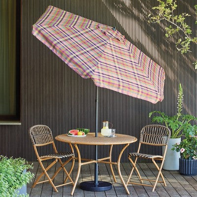 7.5' Plaid Scalloped Edge Outdoor Round Patio Market Umbrella with Black Pole - Threshold (LOCAL PICKUP ONLY)