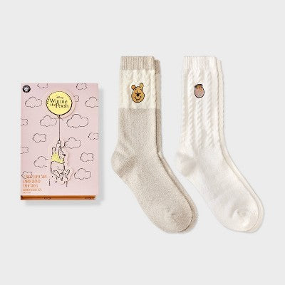 Women's 2pk Winnie The Pooh Pop-Up Storybook Supersoft Embroidered Crew Socks - Ivory/Oatmeal Heather 4-10
