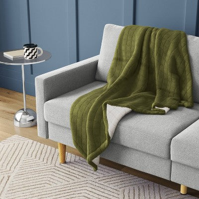 Quilted Jersey Throw Blanket with Faux Shearling Reverse Heathered Olive - Room Essentials