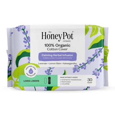 Honey Pot 100% Organic Cotton Cover Calming Herbal Infusion Long Liners - 30 ct