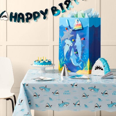 54"x84" Shark Printed Plastic Table Cover Blue - Spritz