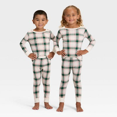 Toddler Plaid RibbedShirt and Pants Holiday Pajama Set - Cream 3T