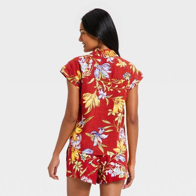 Women's Button-Up Linen Shirt - A New Day Red XL
