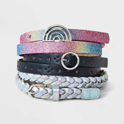 Girls' 3pk Rainbow Belt Set - Cat & Jack M: Adjustable Skinny Apparel Accessories with Buckle Closure