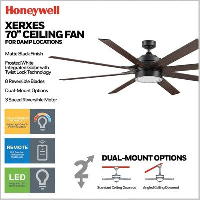 Honeywell Xerxes 70" Ceiling Fan, Contemporary Indoor Ceiling Fan with LED Light, Dual Mounting Options, Remote, & 8 Reversible Blades, Black (LOCAL PICKUP ONLY)