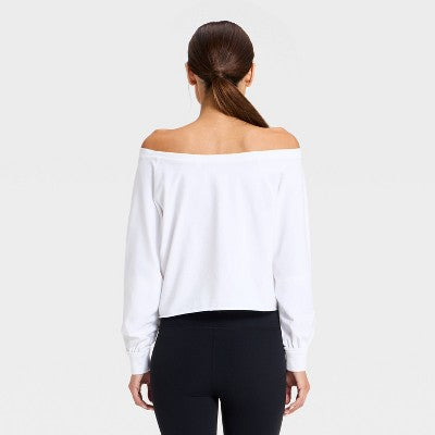 Women's Washed Off The Shoulder Cropped Long Sleeve  - White XS