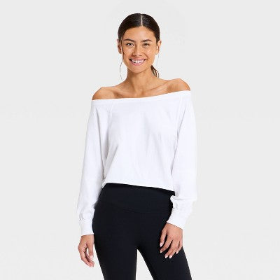 Women's Washed Off The Shoulder Cropped Long Sleeve  - White XS