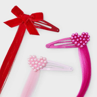 Girls' 6pk Valentine's Faux Hair Extension Hearts and Bows Hair Clips - Cat & Jack