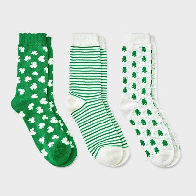 Women's Textured Shamrocks St. Patrick's Day 3pk Crews Socks - Ivory/Green 4-10