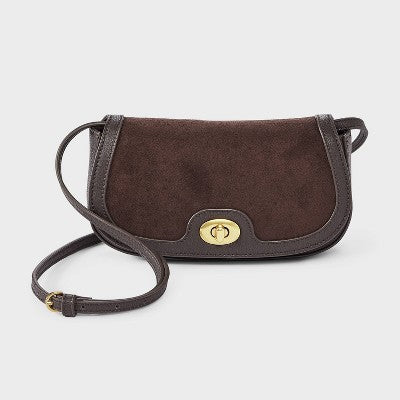Faux Suede Turn Lock Wallet Crossbody - A New Day Brown
