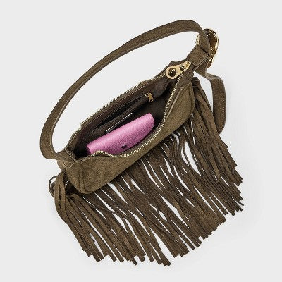 Western Faux Suede Fringe Shoulder Bag Purse - Universal Thread Brown