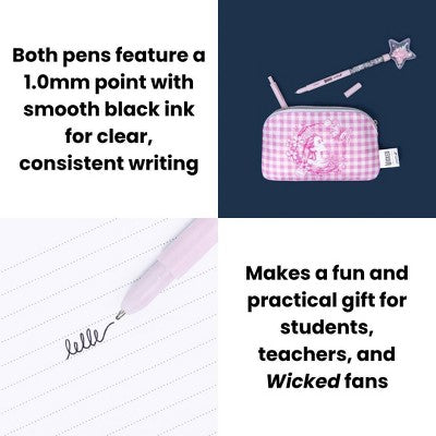 Wicked x Yoobi 2pk Novelty Ballpoint Pens Glinda Wand Star Glitter Wand Pen and Retractable Pen Black Ink