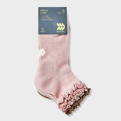 Women's Cushioned Ruffle 3pk Ankle Socks - All In Motion Pink/Gray/Brown 4-10: Arch Support, Knit
