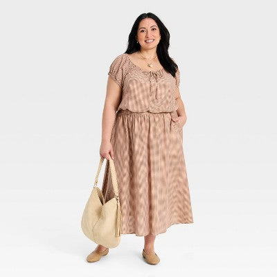 Women's Short Puff Sleeve Tie Top - A New Day Brown Gingham XXL