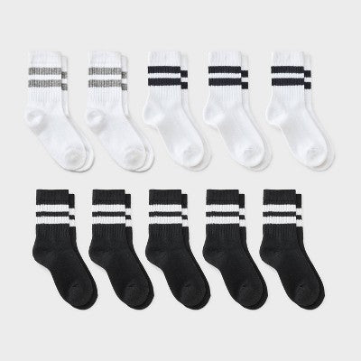 Boys' 10pk Varsity Striped Crew Socks - Cat & Jack Black/White S