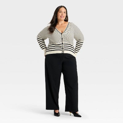 Women's Long Sleeve V-Neck Cardigan - A New Day Cream Striped XXL