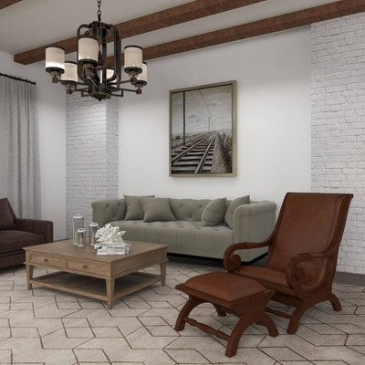 Traditional Teak Wood Accent Chair with Arms and Ottoman Brown - Olivia & May: Leather Upholstered, No Assembly Required (LOCAL PICKUP ONLY)