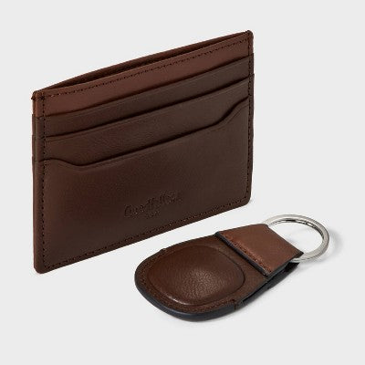 Men's RFID Card Case with Air Tag Hat and Wallet Set 2pc - Goodfellow & Co Dark Brown One Size Fits Most