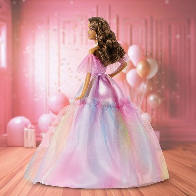 Barbie Signature Birthday Wishes Fashion Doll with Brunette Hair in Dress with Pastel Rainbow Effect