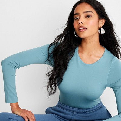 Women's Long Sleeve Seamless Bodysuit - A New Day Teal S