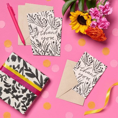 24ct Black/White Floral Thank You Notes Card Set with Envelopes Blank Inside - Spritz