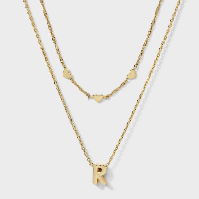 14kt Gold Dipped Hearts "R" Initial Multi-Strand Necklace - A New Day Gold