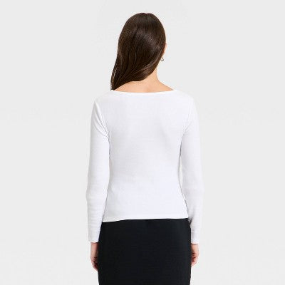 Women's Lace Trim V-Neck Ribbed Top - A New Day White S