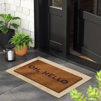 1'4"x2'4" Oh Hello Rectangular Outdoor Doormat Black - Room Essentials (LOCAL PICKUP ONLY)