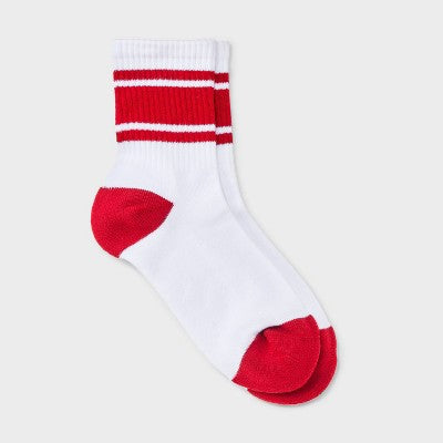 Women's Game Day Varsity Stripe Ribbed Cushioned Mid Crew Socks -Wild Fable White/Crimson 4-10