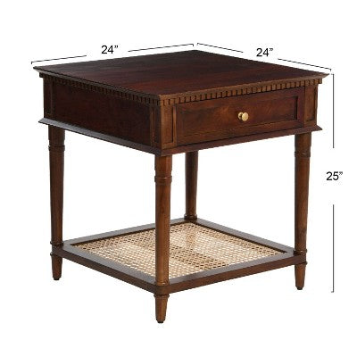 Storied Home Maxwelton Solid Wood End Accent Table Dark Chestnut/Natural: Traditional Style, Cane Shelf, Hidden Compartment (LOCAL PICKUP ONLY)