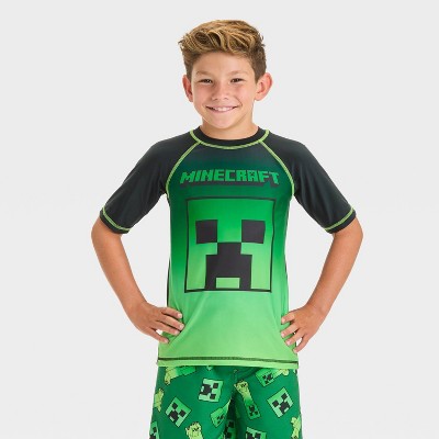 Boys' Minecraft Rash Guard Top Green UPF 50+ Swimwear SIZE M
