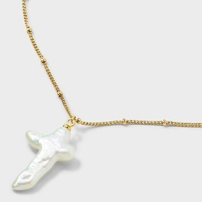 14K Gold Dipped Pearl Cross Necklace - Gold/Ivory