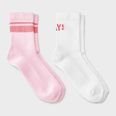 Women's "YAY!" Cushioned Ribbed 2pk Mid Crew Socks - White/Pink 4-10