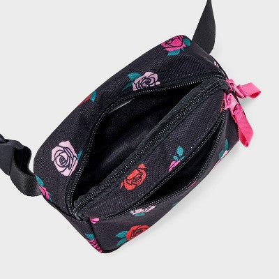Girls' Rose Print Crossbody Bag - Cat & Jack Black: Floral Pattern, Adjustable Strap, Miniature Design