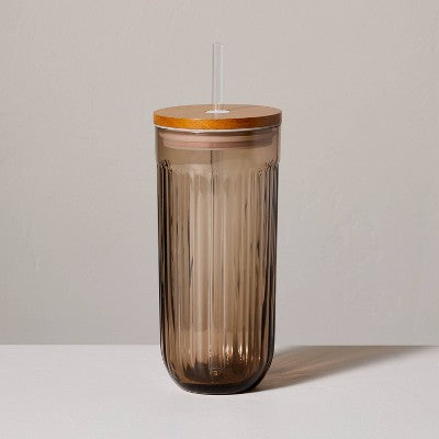 21oz Fluted Glass Tumbler with Wood Lid Blush - Hearth & Hand with Magnolia