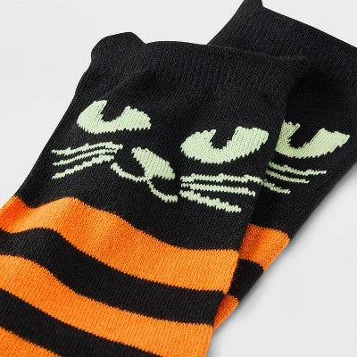Women's Black Cat with Glow-in-the-Dark Eyes Halloween Crew Socks - Hyde & EEK! Boutique Black/Orange 4-10