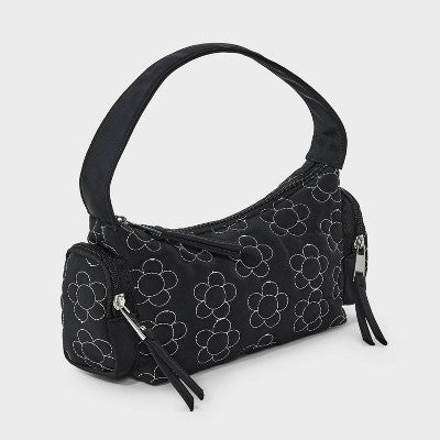 Girls' Quilted Cargo with Pockets Shoulder Bag - art class Black: Floral Pattern, Woven Softside, 16" Strap Length