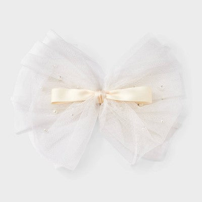 Satin Pearl Tulle Tail Bow Hair Barrette - A New Day Ivory
