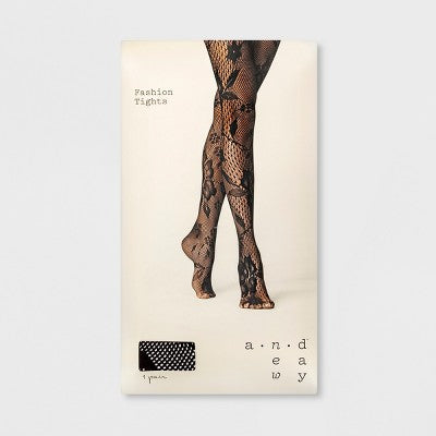 Women's Mixed Net Floral Tights - A New Day Black L/XL: High Waisted Fishnet Hosiery, Sheer Knit, Hand Wash, Line Dry