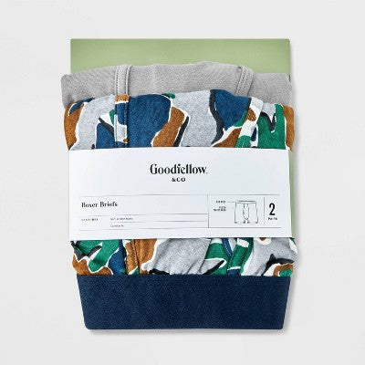 Men's Boxer Briefs 2pk - Goodfellow & Co Gray L: Cotton Blend, Mid Rise, Pull-On, Solid & Camouflage Patterns