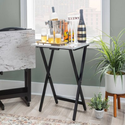 Linon 4pc 26.4" Talia TV Tray Table Set Faux Marble with Storage Rack White (LOCAL PICKUP ONLY)
